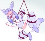  4_toes anthro arms_tied ball_gag bdsm blindfold blush blush_lines bondage bound chest_tuft clothed clothing collar diaper diaper_only digital_drawing_(artwork) digital_media_(artwork) eeveelution feet flat_colors fully_bound gag gagged generation_4_pokemon glaceon hands_behind_back legs_tied male muffled nintendo pokemon pokemon_(species) purple_body purple_skin restraints rope rope_bondage simple_background solo speech_bubble spread_legs spreading toes topless tuft tykepuparts video_games white_background white_diaper 