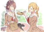  2girls ^_^ bag bang_dream! bento blonde_hair blush brown_hair closed_eyes curly_hair dappled_sunlight hair_ornament hanasakigawa_school_uniform hand_up ichigaya_arisa multiple_girls no_shoes on_ground open_mouth paper_bag picnic ponytail school_uniform sitting sketch socks sou_(user_hgyh8775) sunlight twintails x_hair_ornament yamabuki_saaya yellow_eyes 