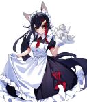  1girl alternate_costume animal_ears apron bangs black_dress black_hair breasts creamer_(vessel) cup dress enmaided expressionless feet_out_of_frame frilled_apron frills gloves hair_ornament hairpin highres holding holding_tray hololive long_hair maid maid_apron maid_headdress medium_breasts multicolored_hair necktie ninsaki_(9saki) ookami_mio ponytail red_hair red_necktie side_ponytail sidelocks simple_background spiked_hair streaked_hair tea_set teacup teapot tray very_long_hair virtual_youtuber white_apron white_background white_gloves wide_ponytail wolf_ears wolf_girl 