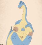  anthro areola artist_name belly big_areola big_belly blue_body bodily_fluids brachiosaurid brachiosaurus breana_(upai) breasts dinosaur erect_nipples female front_view genitals hi_res holding_breast humanoid_genitalia humanoid_pussy lactating long_neck looking_at_viewer narrowed_eyes navel nipples nude open_mouth overweight overweight_anthro overweight_female portrait pubes puffy_nipples pussy reptile sauropod scalie simple_background solo standing teeth three-quarter_portrait upai wide_hips yellow_body yellow_breasts 
