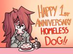 anthro cake candle canid canine canis clothing cutlery dessert domestic_dog english_text female fingerless_gloves food fork gloves handwear hi_res homeless_dog kitchen_utensils mammal ponporio_(artist) simple_background solo text tools 