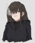  1girl absurdres brown_eyes brown_hair cigarette earrings highres hood hoodie jewelry long_hair mole mole_under_eye original pikuson simple_background smoking solo upper_body 