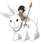  1girl animal animal_ears armor bangs black_hair breastplate carrot commentary dress english_commentary full_body hair_between_eyes highres holding holding_polearm holding_weapon inaba_tewi looking_at_viewer open_mouth oversized_animal pink_dress polearm rabbit rabbit_ears rabbit_girl red_eyes riding shin_guards short_hair simple_background smile solo spear touhou ttzl wavy_hair weapon white_background 