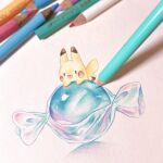  blurry brown_eyes candy candy_wrapper commentary_request depth_of_field food highres holding pencil photo_(medium) pikachu pokemon rare_candy solid_oval_eyes tongue tongue_out traditional_media yukichi_0611 