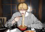  1boy blonde_hair chainsaw_man chopsticks denji_(chainsaw_man) food glass grey_sweater highres holding holding_chopsticks imminent_bite knife looking_at_viewer msal_peace noodles open_mouth phone ramen red_eyes sharp_teeth short_hair solo spiked_hair sweater teeth tongue tongue_out 