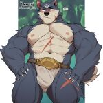  2022 abs absurd_res anthro biped blush bulge canid canine canis claws digital_media_(artwork) ellipsis facial_scar finger_claws fur gakujo grey_body grey_fur hi_res male mammal muscular muscular_anthro muscular_male navel nipples pecs scar solo white_body white_fur wolf 