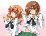  2girls bangs black_neckerchief blouse blunt_bangs brown_eyes brown_hair closed_mouth commentary_request girls_und_panzer gradient gradient_background green_skirt hand_on_own_chest head_tilt index_finger_raised leaning_forward long_hair long_sleeves looking_at_viewer midriff_peek multiple_girls navel neckerchief nishizumi_miho ooarai_school_uniform open_mouth orange_eyes orange_hair partial_commentary pink_background pleated_skirt roura sailor_collar school_uniform serafuku shadow shirt short_hair side-by-side skirt smile standing takebe_saori w white_sailor_collar white_shirt 