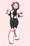  1girl absurdres bangs black_bodysuit blush bodysuit boku_no_hero_academia boots breasts brown_eyes brown_hair clenched_hands commentary_request eyelashes full_body grin highres looking_down medium_breasts medium_hair one_eye_closed piyo_(tzdn7222) simple_background skin_tight smile solo teeth uraraka_ochako white_footwear 