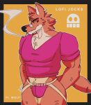  anthro brown_body brown_fur bulge canid canine canis clothing crop_top dreamworks fur hi_res jockstrap lofihill looking_away male mammal mr._wolf_(the_bad_guys) muscular muscular_male piercing shirt smoking solo the_bad_guys thick_thighs topwear underwear wolf 