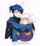  1boy 1girl blue_hair closed_eyes commission couple felix_hugo_fraldarius fire_emblem fire_emblem:_three_houses lysithea_von_ordelia pomme_(lazzledazzle) scarf second-party_source shared_clothes shared_scarf simple_background smile upper_body white_background white_hair winter_clothes 