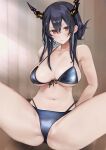  1girl absurdres arknights bare_shoulders bikini black_hair blue_bikini blush breasts cameltoe ch&#039;en_(arknights) ch&#039;en_the_holungday_(arknights) collarbone commentary_request front-tie_bikini_top front-tie_top groin hair_between_eyes highres horns large_breasts long_hair looking_at_viewer navel neko_no_youchuu red_eyes redrawn sidelocks sitting skindentation solo spread_legs string_bikini sweat swimsuit thighs 