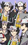  1boy :d baseball_cap black_eyes black_hair blush bright_pupils closed_eyes closed_mouth collared_shirt commentary_request eyeshadow giacomo_(pokemon) hat headphones highres holding holding_poke_ball makeup male_focus multiple_views musical_note notice_lines one_eye_closed open_mouth outline pointy_hair poke_ball pokemon pokemon_(game) pokemon_sv shirt smile teeth timer_ball tongue vest white_headwear white_pupils yellow_vest zanki 