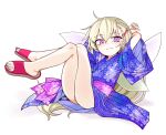  1girl :3 arms_behind_head blonde_hair blue_kimono blush closed_mouth clownpiece crossed_legs fairy_wings hair_ornament hairclip highres japanese_clothes kimono long_hair looking_at_viewer obi pink_sash purple_eyes red_footwear sash simple_background sitting slippers smile smug solo touhou very_long_hair white_background wings x_hair_ornament yassy 