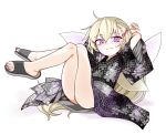  1girl :3 arms_behind_head black_kimono blonde_hair blush closed_mouth clownpiece crossed_legs fairy_wings grey_footwear grey_sash hair_ornament hairclip highres japanese_clothes kimono long_hair looking_at_viewer obi purple_eyes sash simple_background sitting slippers smile smug solo touhou very_long_hair white_background wings x_hair_ornament yassy 