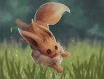  :d blurry blurry_background brown_eyes eevee falling_leaves full_body grass happy jumping leaf momomo12 no_humans open_mouth pokemon pokemon_(creature) signature smile solo 