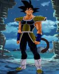  1boy absurdres armor bardock black_hair boots clenched_hands cloud commentary derivative_work dragon_ball dragon_ball_super full_body highres looking_at_viewer male_focus manga_panel_redraw monkey_tail night night_sky saiyan_armor salvamakoto scar scar_on_cheek scar_on_face sky solo spanish_commentary spiked_hair standing tail 