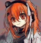  1girl a.i._voice adachi_rei artificial_eye bangs black_shirt camera_lens closed_mouth computer_chip crossed_bangs glitch hair_between_eyes hair_ornament hair_ribbon hairclip head_tilt headlamp headset ishitsuki_(_0101_831) jacket looking_at_viewer mechanical_eye medium_hair microphone open_clothes open_jacket orange_eyes orange_hair parka ribbon shirt side_ponytail single_empty_eye sketch smile solo turtleneck utau white_jacket white_ribbon 