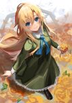  1girl blonde_hair blue_eyes brown_footwear cococo_moru dress flower green_dress hair_between_eyes highres holding holding_flower ib long_hair long_sleeves looking_at_viewer mary_(ib) shoes smile yellow_flower 