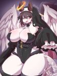  anthro big_breasts blush breasts clothed clothing feathered_wings feathers female fur hair hi_res horn mammal nyaswitchnya smile solo wings 