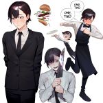  1boy absurdres apron black_apron black_bow black_bowtie black_eyes black_hair black_pants black_suit blood blood_on_clothes blood_on_knife blush bow bowtie burger chainsaw_man closed_eyes collared_shirt commentary crying dancing english_commentary english_text food formal genderswap genderswap_(ftm) higashiyama_kobeni highres holding holding_knife knife lavelis long_sleeves looking_at_viewer multiple_views open_mouth pants shirt simple_background speech_bubble standing standing_on_one_leg suit white_background white_shirt 