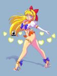  absurdres adapted_costume ass back_bow bangs belt beltskirt bishoujo_senshi_sailor_moon blonde_hair blue_bow blue_bowtie blue_eyes bow bowtie choker collar earrings elbow_gloves gloves hair_bow heart heart_earrings high_heels highres jewelry linkartoon long_hair midriff navel orange_choker orange_collar orange_skirt panties pleated_skirt puffy_short_sleeves puffy_sleeves red_bow sailor_venus shirt short_sleeves skirt stud_earrings thick_thighs thighs tiara underwear venus_symbol white_gloves white_shirt yellow_bow 