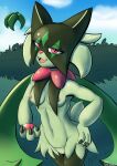  absurd_res anthro breasts day female generation_9_pokemon genitals green_body hi_res kingdorkster looking_at_viewer meowscarada navel nintendo nipples open_mouth outside pokemon pokemon_(species) pussy red_eyes solo video_games 