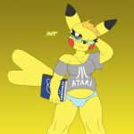  anthro atari_logo book chubby_female clothing eyewear fan_character female generation_1_pokemon glasses hi_res nerd ninjatreecko nintendo oversized_shirt panties pikachu pokemon pokemon_(species) shirt slightly_chubby solo spark_elektra topwear underwear video_games 