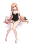  absurdres bangs bare_shoulders barefoot bird blonde_hair blush breasts confused cross crow hand_up highres jewelry large_breasts long_hair messy_hair no_bra no_humans open_clothes open_mouth original red_eyes ring sitting sleepy thigh_strap thighs white_background yajuu 