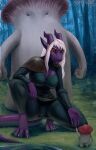  2022 4_fingers 4_toes 5_fingers absurd_res anthro belt bottomwear breasts clothing dirt dragon fantasy feet female fingers fist forest fungus goatesque grass hi_res male mushroom plant purple_body scalie toes topwear tree wingless_dragon 