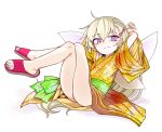  1girl :3 arms_behind_head blonde_hair blush closed_mouth clownpiece crossed_legs fairy_wings green_sash hair_ornament hairclip highres japanese_clothes kimono long_hair looking_at_viewer obi orange_kimono purple_eyes red_footwear sash simple_background sitting slippers smile smug solo touhou very_long_hair white_background wings x_hair_ornament yassy 