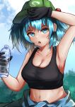  1girl armpits black_tank_top blue_eyes blue_hair bottle clothes_around_waist cloud cloudy_sky green_headwear highres holding holding_bottle kawashiro_nitori navel open_mouth saito_sans shirt shirt_around_waist sky solo sweat tank_top touhou water_bottle wiping_face 