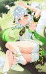  1girl absurdres arm_behind_back arm_up armpits ass bangs bloomers bluerabbit_gap braid cape commentary detached_sleeves dress feet foot_out_of_frame genshin_impact gradient_hair green_eyes hair_between_eyes hair_ornament highres legs long_hair looking_at_viewer multicolored_hair nahida_(genshin_impact) no_shoes parted_lips pointy_ears short_sleeves side_ponytail sidelocks single_braid sitting_on_branch soles solo stirrup_legwear symbol-shaped_pupils thighs toeless_legwear toes underwear white_dress white_hair 