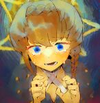  1girl bangs blue_background blue_dress blue_eyes blush braid brush_stroke collarbone crown_braid crying crying_with_eyes_open curly_hair dark_background dress fate/grand_order fate_(series) faux_traditional_media furrowed_brow hands_up hat light_blue_background looking_at_viewer multicolored_background open_mouth orange_hair painting_(medium) portrait reaching short_hair side_braid solo straw_hat swept_bangs tears traditional_media van_gogh_(fate) viroa yellow_headwear 