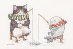  animal_focus cat closed_eyes commentary_request fish fishing fishing_rod holding holding_fishing_rod ice_fishing mirin_(mirin_4) no_humans original painting_(medium) scarf signature sitting stool traditional_media watercolor_(medium) 