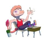  alpha_channel anthro chair chibi clothed clothing dinosaur dromaeosaurid drumming_stick feathered_tail feathers furniture goodbye_volcano_high hair heartsick hi_res looking_at_viewer male markings multicolored_body muscular muscular_male percussion_mallet pink_body pink_hair pupils purple_eyes reed_(gvh) reptile scalie school_desk simple_background sitting slit_pupils snoot_game_(fan_game) solo theropod transparent_background two_tone_body velociraptor video_games 