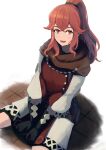  1girl anna_(fire_emblem) bangs between_legs black_gloves brown_scarf brown_tabard crossed_bangs dress fire_emblem fire_emblem_engage gloves hair_between_eyes hand_between_legs highres labebebe_lee long_hair open_mouth ponytail puffy_sleeves red_eyes red_hair scarf sitting smile solo tabard tile_floor tiles v_arms white_dress 