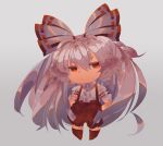  1girl bangs bow chibi collared_shirt f15xallen fujiwara_no_mokou grey_background grey_hair hair_bow hands_on_hips jitome long_hair long_sleeves ofuda ofuda_on_clothes pants red_eyes red_footwear red_pants shirt sleeve_garter solo suspenders touhou very_long_hair white_bow white_shirt 