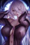  1girl arms_up atelier_(series) babydoll bangs breasts crossed_bangs eyes_visible_through_hair fingernails heterochromia large_breasts lila_decyrus lila_decyrus_(moonlit_encounter) lips long_hair looking_at_viewer navel no_bra olchas purple_eyes red_eyes see-through sharp_fingernails solo upper_body white_hair 