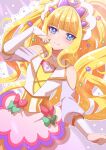  0307_hikari 1girl absurdres apron bangs blonde_hair blue_eyes blunt_bangs blush bow brooch clothing_cutout cure_finale delicious_party_precure dress flower green_bow hair_flower hair_ornament heart_brooch high_ponytail highres jewelry kasai_amane long_hair magical_girl pink_bow precure shoulder_cutout sidelocks smile solo wavy_hair 