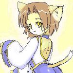  akisaka anthro asian_clothing bloody_roar brown_hair butt clothing domestic_cat east_asian_clothing felid feline felis female fur hair kemono low_res mammal orange_body orange_fur solo uriko yellow_eyes 