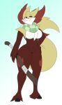  2020 3_toes anthro big_breasts black_body black_fur breasts cheek_tuft chest_tuft delphox dewwydarts facial_tuft featureless_breasts featureless_crotch feet female fluffy fluffy_tail fur generation_6_pokemon gradient_background green_scarf hi_res holding_object holding_stick maggie_(dewwydarts) multicolored_body multicolored_fur nintendo pink_nose pokemon pokemon_(species) red_body red_fur scarf shoulder_tuft simple_background smile solo standing stick thick_thighs toes tuft video_games white_body white_fur yellow_body yellow_eyes yellow_fur 