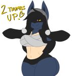  2020 anthro beanie black_body black_fur black_hair blue_body blue_fur breasts brown_eyes chest_wraps clothing dee_(dewwydarts) dewwydarts english_text featureless_crotch female fur generation_4_pokemon gesture hair hair_over_eye hat headgear headwear looking_at_viewer lucario medium_breasts nintendo one_eye_obstructed pokemon pokemon_(species) simple_background smile solo spikes spikes_(anatomy) standing tan_body tan_fur text thick_thighs thumbs_up video_games white_background wraps yellow_sclera 