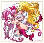  2girls aqua_eyes bangs blonde_hair boots bow choker closed_eyes commentary_request cure_melody cure_rhythm dress fantastic_belltier frilled_dress frills hair_bow high_ponytail highres houjou_hibiki kagami_chihiro knee_boots long_hair minamino_kanade multiple_girls pink_hair precure puffy_short_sleeves puffy_sleeves short_sleeves smile suite_precure twintails white_choker 
