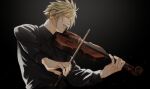  1boy alternate_costume black_background black_shirt blonde_hair boooshow closed_eyes cloud_strife collared_shirt final_fantasy final_fantasy_vii final_fantasy_vii_remake hair_between_eyes holding holding_instrument instrument long_sleeves male_focus music parted_lips playing_instrument shirt short_hair solo spiked_hair upper_body violin 
