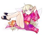  1girl :3 arms_behind_head black_footwear blonde_hair blush closed_mouth clownpiece crossed_legs fairy_wings hair_ornament hairclip highres japanese_clothes kimono long_hair looking_at_viewer obi orange_sash pink_kimono purple_eyes sash simple_background sitting slippers smile smug solo touhou very_long_hair white_background wings x_hair_ornament yassy 