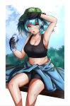  1girl absurdres armpits artist_name black_shorts black_tank_top blue_eyes blue_hair border bottle clothes_around_waist cloud cloudy_sky green_headwear highres holding holding_bottle kawashiro_nitori legs navel open_mouth saito_sans shirt shirt_around_waist shorts sky solo sweat tank_top touhou water_bottle white_border wiping_face 