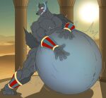  absurd_res anthro anubis belly_inflation black_body black_fur bloated blush canid canine canis deity egyptian_mythology fur hand_on_stomach hi_res inflation jackal jakeshepherd502 male mammal middle_eastern_mythology muscular muscular_male mythology solo 