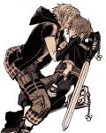  2boys black_jacket boots closed_eyes feet_out_of_frame fingerless_gloves gloves hair_between_eyes hand_in_another&#039;s_hair holding holding_weapon hood hood_down hooded_jacket jacket keyblade kingdom_hearts kingdom_hearts_iii kissing_hair male_focus multiple_boys owlforkh pants pants_rolled_up plaid plaid_skirt riku_(kingdom_hearts) sepia short_hair short_sleeves skirt sora_(kingdom_hearts) weapon white_background yaoi 