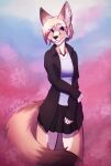  2022 anthro big_tail bottomwear breasts canid canine clothing female fox fur hi_res inner_ear_fluff jacket kunstwaffe mammal shirt signature skirt small_breasts solo topwear tuft 