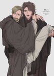  2boys anakin_skywalker beard blonde_hair blue_hair brown_hair facial_hair gloves green_eyes highres holding jedi multiple_boys obi-wan_kenobi open_mouth scar scar_across_eye single_glove star_wars star_wars:_revenge_of_the_sith translation_request urako_(iamurako) 